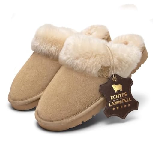 Rohn Lammfell Hausschuhe Talea, Pantoffel für Damen aus echtem Fell in Premiumqualität beige (41 EU, numeric_41)