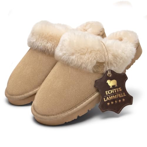 Rohn Moden Lammfell Hausschuhe Talea für Damen echt Schaffell Pantoffel atmungsaktive Pantoletten Slipper mit fester EVA-Sohle in Premiumqualität Schlappen in braun (numeric_39)