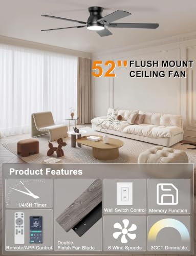 52" Ohniyou Low Profile 6-Speed Flush Mount Ceiling Fan (Various) - image 3