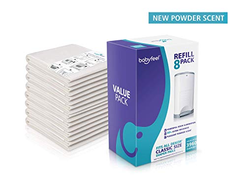 Babyfeel Refills Compatible With Dekor Classic Diaper Pails | 8 Pack | Exclusive 30% Extra Thickness | Diaper Pail Refills With Powerful Odor Elimination | Powder Scent | Holds Up To 3960 Diapers #TOP1