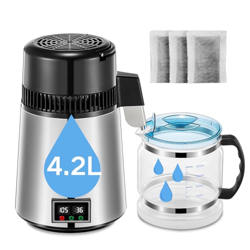 Water Distiller, 4.2L Upgraded Stainless Steel Distilled Water Machine, Distilled Water Maker with LCD Panel & Glass Container, Countertop Water Distiller for Home with Temperature Setting, Silver