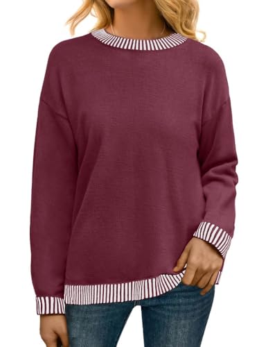 PrinStory Pullover Damen Strickpullover Langarm Rundhals Elegant Lässig Sweatshirt Warm Damen Winter Pullis Strickwaren (Weinrot, S)