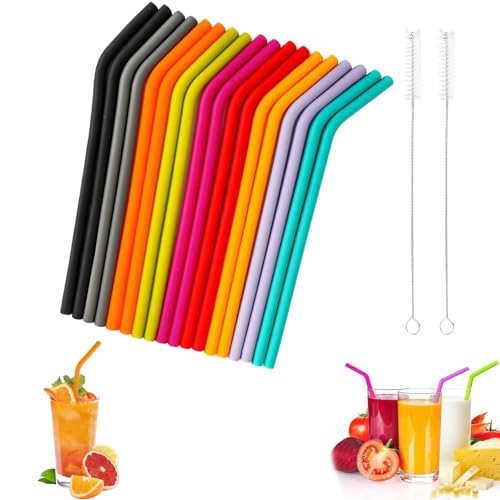 18 Pcs Silicone Straws Reusable and 2 Cleaning Brushes, Soft & Durable Silicone Straw, Eco-Alternative to Rubber Straws & Plastic Bendy Straws for Hot/Cold Beverages, Home Bars, Office, Outdoor