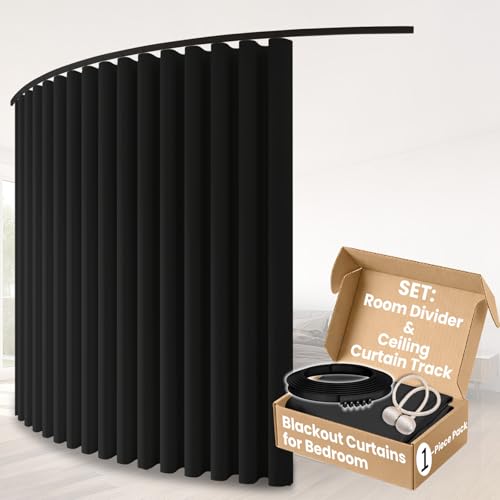 Image of Room Divider Curtains & Flexible Bendable Tracks Set,Privacy Dividers Ceiling Track Curtain Window Blackout Curtains for Living Room Bedroom (W100 x H84 in 1 Panel Black Drape & Black Rail)