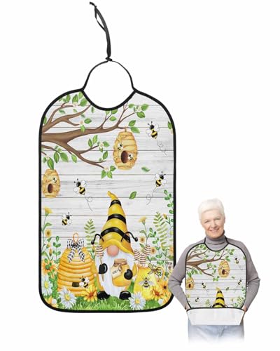 LEOKOTI Summer Gnomes Adult Bibs for Eating, Waterproof Bibs with Food Catcher & Adjustable Snap Closure, Bee Spring Floral Botanical Vintage Washable Clothing Protectors Adult Bibs for Elderly