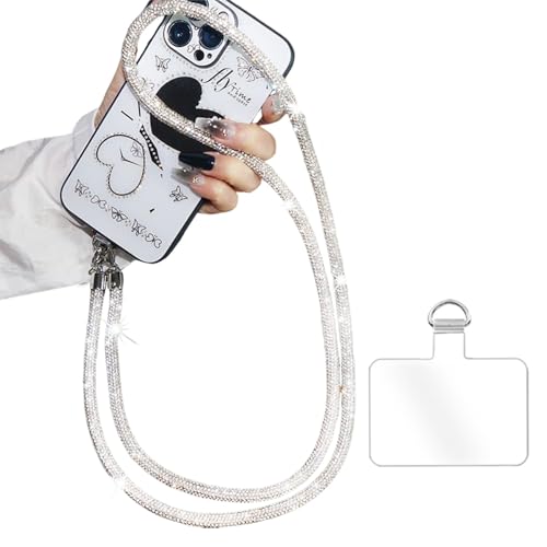 FloralGrace Cadena para el cuello con brillantes brillantes, cordón para teléfono móvil, cuerda larga, cuerda para teléfono móvil, cadena para teléfono móvil, colgante corto (blanco, 68 cm)