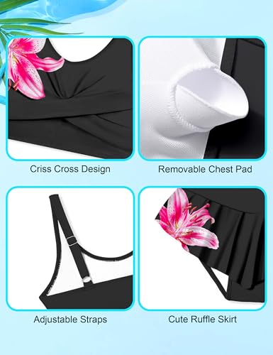 Image of Qaoerde Girls Swimsuit Tropical Print Bikini Set with Ruffle Hem Two Piece Criss Cross Bathing Suits for Girls 7-16 Years
