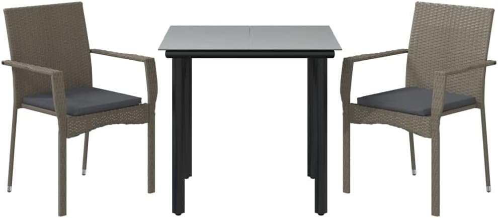 vidaXL 3 Piece Patio Dining Set with Black and Gray Poly Rattan - Comfortable Armrest Garden Chairs with Cushions and Glass-Top Square Table for Outdoor Lounge Area