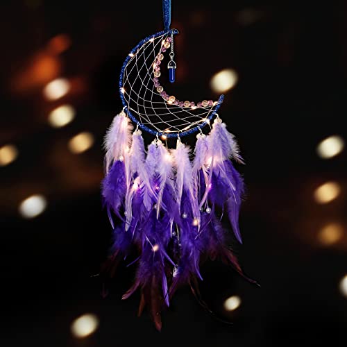 Moon Dream Catcher with Fairy Lights Indian Dreamcatcher Kids Bedroom Accessories Purple Feather Lucky Turquoise Pendant Wall Hanging Decoration for Home Bedroom - Image 2