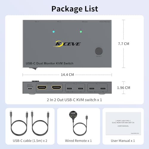 Image of USB C KVM Switch 2 Monitors, 2 Laptops KVM Switch Dual Monitor Support 4K@60Hz, with 80W PD Function, with 2 USB-C Cables and Wired Remote
