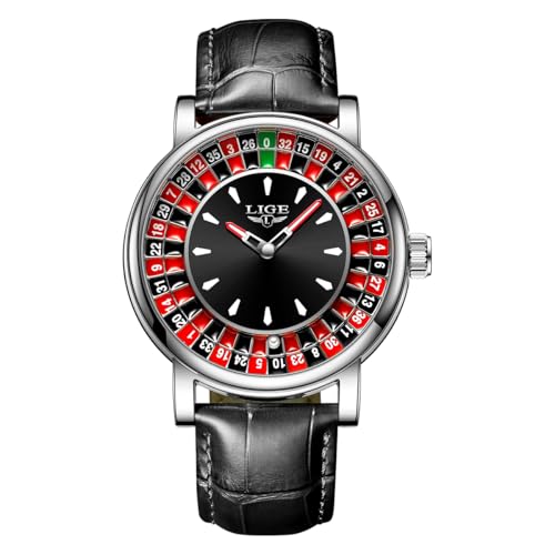 MASTOP Roulette Watch for Men Unique Luxury Quartz Analog Big Face Watch Waterproof Luminous Leather Wrist Watch Casual Fashion Style (Silver Black)