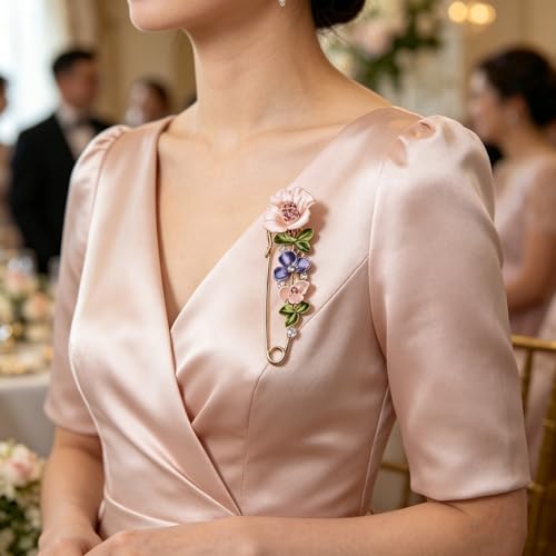 Image of Crystal Flower Brooch Sweater Shawl Brooch Collar Safety Pin Stylish Chic Multi-colored Tulip Flower Pin Rhinestone Enamel Brooch Wedding Party Accessories Jewelry for Women