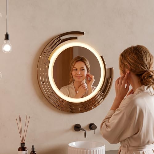 Image of BASSINO 24x24 Inches 3D LED Mirro for Bathroom /Sensor Touch /3 Adjustable Color Tone /Dimmable Light /Vanity Mirrors /Round Washbasin Mirror with LED Lights /Smart Mirror for Bathroom Wall(Rose-Gold)