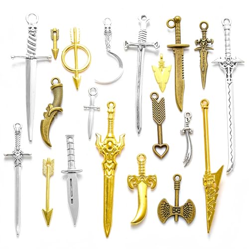 TIKIYOUN 20 Pcs Antique Sword Bookmarks Set with, Vintage Metal Reading Accessories in 3 Colours, Mini Sword Trinkets for Book Darts, Bookish Charms, Necklace, Keychain, and Fantasy Bookmarks