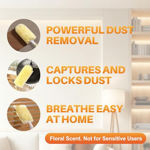 Image of JOYMOOP Scented Telescopic Duster kit, 3FT Extendable Handle (Yellow) + 24 Yellow Refills for Swiffer Feather Duster,Easy Cleaning for Ceilings, Ceiling Fans, Blinds, Vents & Shelves