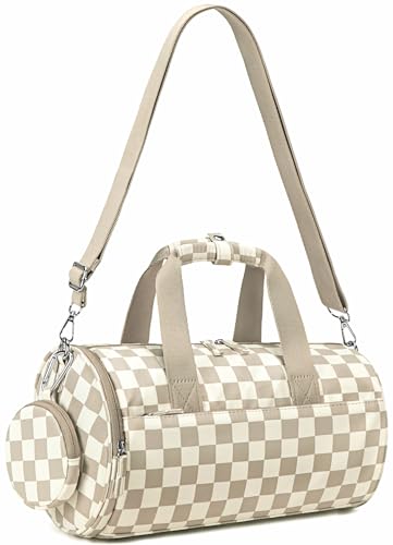 Mini bolsa de ginástica para mulheres e meninas, linda bolsa de 30 cm com bolsos multifuncionais, bolsas esportivas de dança, fitness, ioga, Xadrez marrom-branco, Esportivo