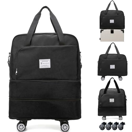 Rolling Duffle Bag with Wheels Foldie Travel Bag Expandable Foldable Rolling Tote Bags Overnight with Detachable Wheels Carry On Luggage for Men Women Black