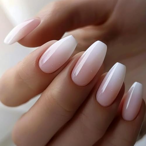 24 Pcs Press on Nails Medium Coffin Shaped False Nails with Pink White Gradient Designs Glitter Fake Nail Full Cover Acrylic Nails Bling Stick on Nail for Women Manicure Decoration