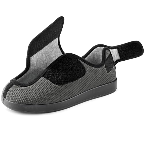 Ravelier Men's Diabetic Wide Width Breathable Waffle Knit Adjustable Slipper with Anti-Slip Indoor Outdoor Sole, Size 13W US Men, Grey