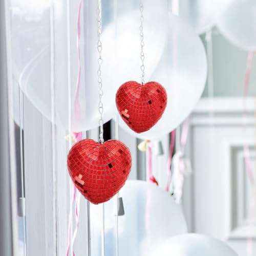 2 unidades de bolas espejadas colgantes en forma de corazón con cadena, bolas espejadas rojas de vidrio para decoración de fiestas, eventos y ambiente para el Día de San Valentín miniatura 6