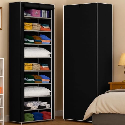 Image of AWTATOS Multipurpose Collapsible Wardrobe Cabinet | Foldable Fabric Organizer with 6-9 Shelves | Portable Clothes Storage Rack for Bedroom, Home & Office (Black, 9 Layer)