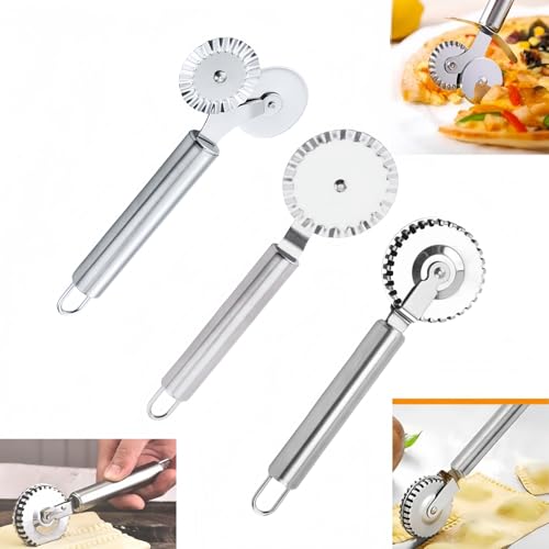 3 PCS Stainless Steel Pastry Wheel Cutter,Ravioli Cutter, Pizza Cutter Wheel, Fluted Pasta Crimping Wheel Dough Crimper Pie Crust Cutter,Ergonomic handle, Easy to use and clean