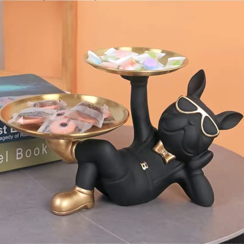 Pzlnd Butler Statue With 2 Metal Trays, Resin French Bulldog Sculpture, Key Bowl For Entryway Table, Desk Candy Bowl, Jewelry Earring Tray, Multipurpose Sculpture Home Decor (Black) #TOP5