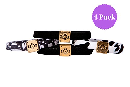 Fashionable Hair Tie Bracelets (4 Pack) - Kini Bands - Elastic Ponytail Hair Bands No Crease – For Girls Teens Women – Stylish and Tangle Free - 6.5” Circumference - USA Handmade (Black/Gold)