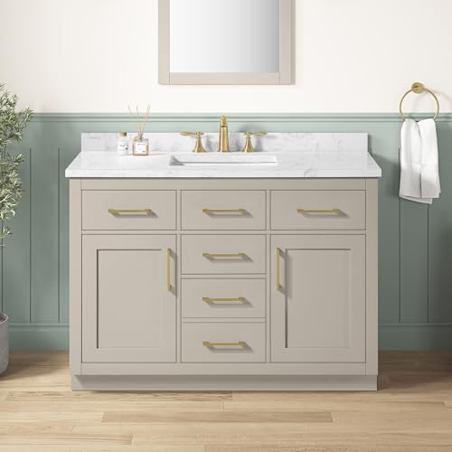 Image of OVE Decors Athea 48 in. Single Sink Freestanding Greige Bathroom Vanity with White Engineered Marble Top, Matching Backsplash, Power Bar and Brushed Gold Hardware