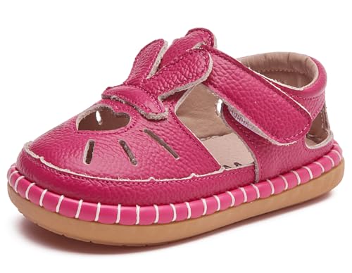 Image of DADAWEN Toddler Girls Leather Closed Toe Summer Sandals Lightweight Non-Slip Soft Sole Cute Flat Shoes Baby Flower Girl Shoes