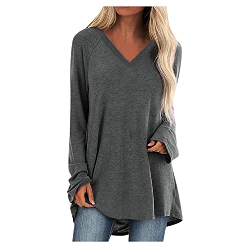 Womens V Neck Sweatshirt Long Sleeve Plus Size High Low Hem Vintage Flare Tops Blouse Pullovers Tunics for Teen Girls Gray