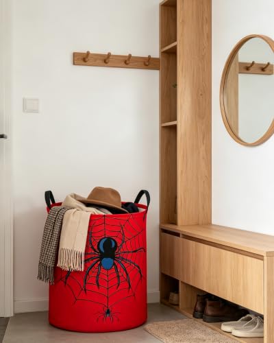 Image of ESSME Kids Laundry Basket,Spider Hamper Collapsible Canvas Waterproof Storage Bin for Boys, Cute Hamper,Gift Baskets(Red spider)