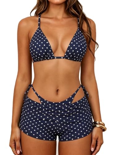 VnimVinter Women 3 Pieces Bikini Set Halter Triangle String Cheeky Polka Dot Bathing Suit with Boyshorts Cover Up (Navy Polka Dot, M)