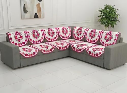 Image of Fab Nation Sofa Cover L Shape 7 Seater with Corner L Type Fully Covered Sofa Set for Living Room | Cotton Sofa Slipcovers for 4 + 3 Seaters Cover Set | Floral Pink