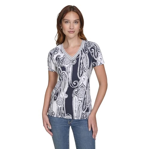 T-shirt à manches courtes et col en V rayé douceur et légèreté