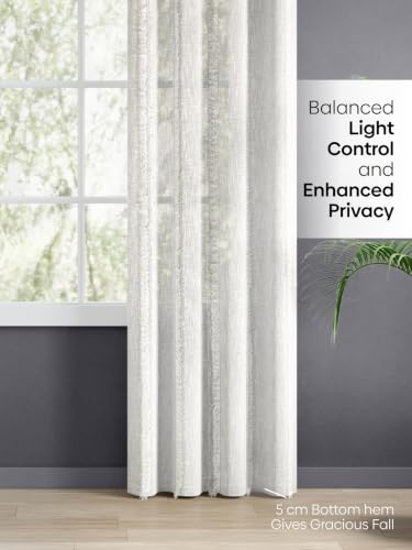 Image of haus & kinder Decorative Sheer Door Curtain 7 Feet Pack of 1 |Aesthetic Decor Long Curtain Feather Fringe Off-White 120 x 213 cm