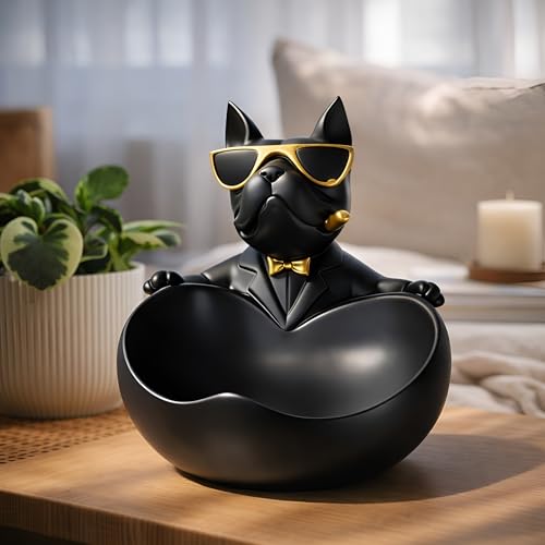 Image of Xtore Striking Bulldog Storage Organizer Figurine for Home & Office Decor | Modern Matte Black Dog Showpiece with Utility Bowl for Keys, Coins & Accessories (Black, 19.5 cm)