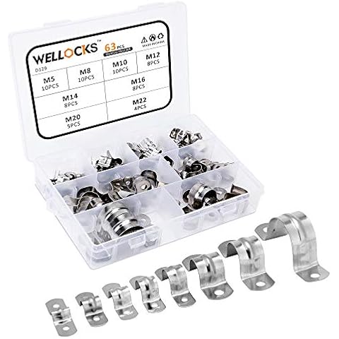 WELLOCKS Pipe Strap Clamp 63 PCS M5-M22 Assortment Kit U Bracket Tube Strap 304 Stainless Steel Heavy Duty Rigid Pipe Strap 2 Holes Cable Clamp Hanger for Pipe Tube Fixing(D129) Cover