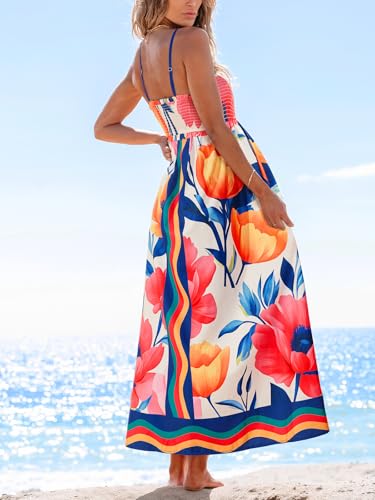 Image of CUPSHE Women's Floral Maxi Dress Spaghetti Strap Summer Boho Beach Dress Smocked Sundress Casual Vacation Flowy Long Dress