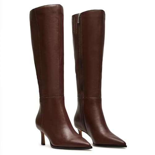 UBWDU Women's Kitten Heel Knee High Boots Side Zipper Pointed Toe Tall Boots Long Leather Dress Booties