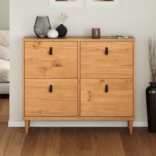 IDIMEX Meuble à Chaussures MIKKA en Bois, étagère à Chaussures Bois, Rangement avec 4 abattants en pin Massif Couleur chêne