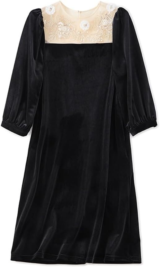 JSEIAJB Retro Heavy Duty Beaded Loose Velvet Dress Autumn/Winter(L)