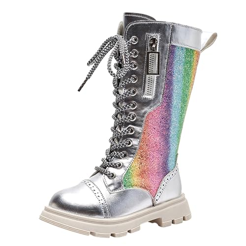 Girl's Glitter Riding Boots Knee High Combat Boots Lace Up Side Zip Tall Military Boots for Toddler/Little Kid/Big Kid