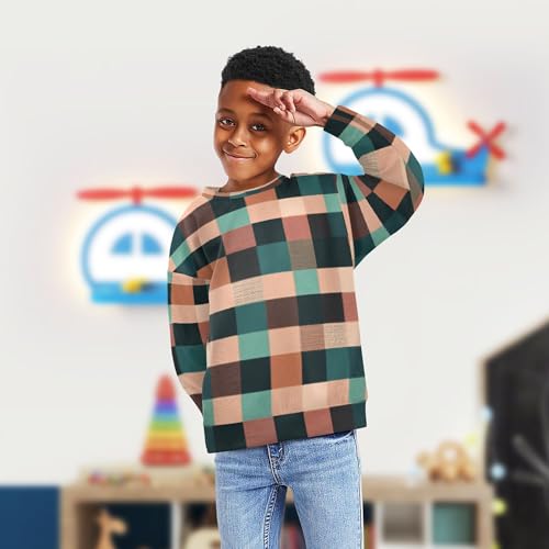 JUNZAN Buffalo Plaid Check Teal Rose Gold Little Boys Sweatshirt Hoodie Fleece Hoodie for Boys Party 4T4