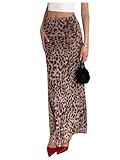 BEAUDRM Women's Y2K Leopard Print Skirts Ruched Side Slit Maxi Skirt Mesh Sheer High Waisted Long Skirt Cheetah Bodycon Skirt Coffee Brown Small