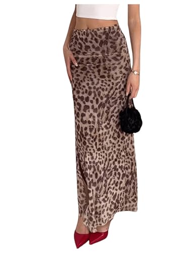BEAUDRM Women's Y2K Leopard Print Skirts Ruched Side Slit Maxi Skirt Mesh Sheer High Waisted Long Skirt Cheetah Bodycon Skirt Coffee Brown Small