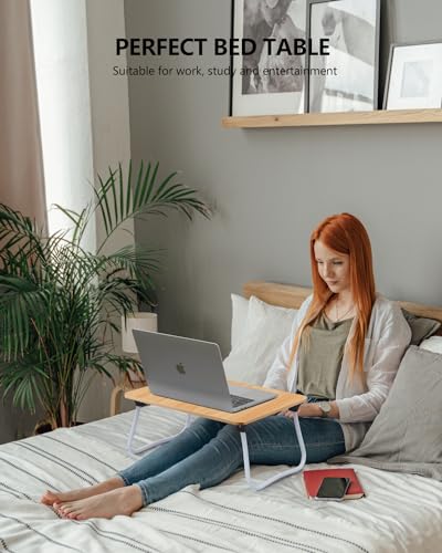Image of ZEAPTAC Laptop Bed Desk, Foldable Lap Desk, Portable Laptop Stand, Lightweight & Mini Table for Breakfast /Picnic /Drawing /Couch /Floor - Wood
