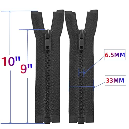 Image of MebuZip 2PCS #5 9 Inch Separating Jacket Zippers for Sewing (Black) | Resin Zipper Molded Plastic Zippers Bulk for Sewing Jackets Coats Clothes
