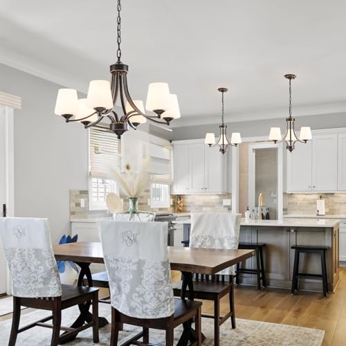 Image of 3 Light Farmhouse Chandelier with Milk White Frosted Glass Shades Black Dining Room Light Adjustable Height Ceiling Hanging Light Fixtures for Dinner Table, Kitchen Island, Entryway