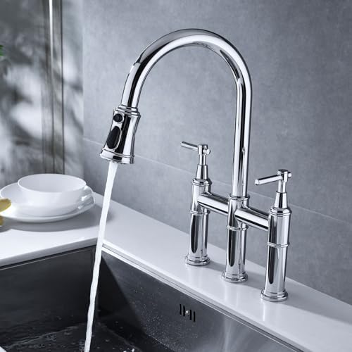 Robinet de cuisine Bridge pour évier central, douchette rétractable et double commande - 7